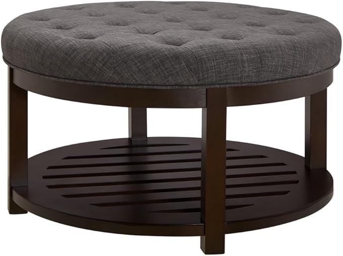 24KF Large Round Upholstered Tufted Linen Ottoman Coffee Table, Large Footrest - Image 3