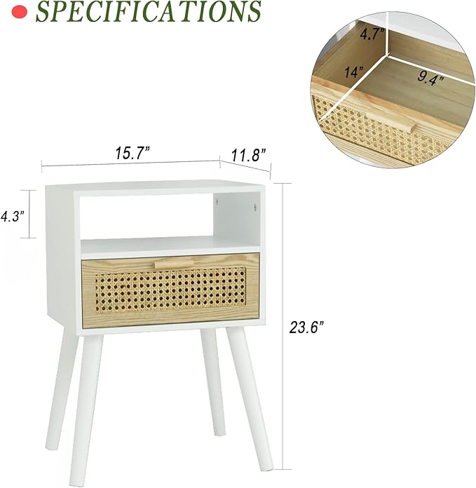 MaxSmeo White Nightstand with Drawer, Mid Century Modern Nightstand, Rattan - Image 2