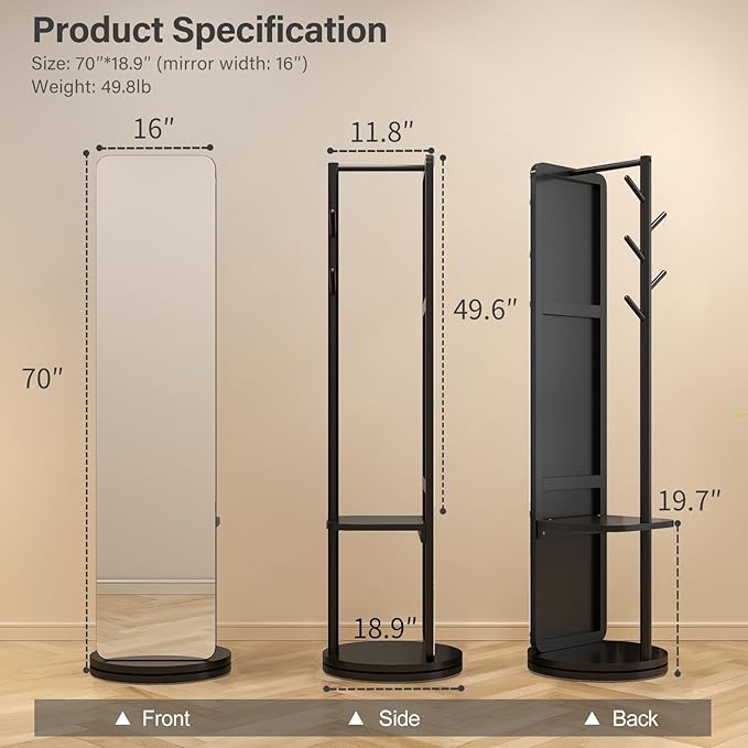 70"x16"Full Length Mirror with Stand, Coat Rack with Mirror, Solid Wood Floor - Image 2