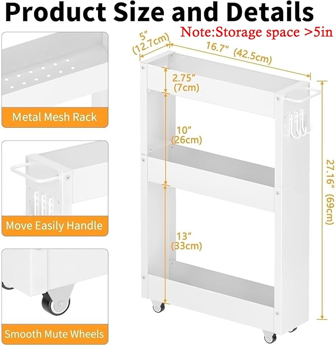 Slim Storage Cart, 5 in Width, 3-Tier White Rolling Cart - Image 6