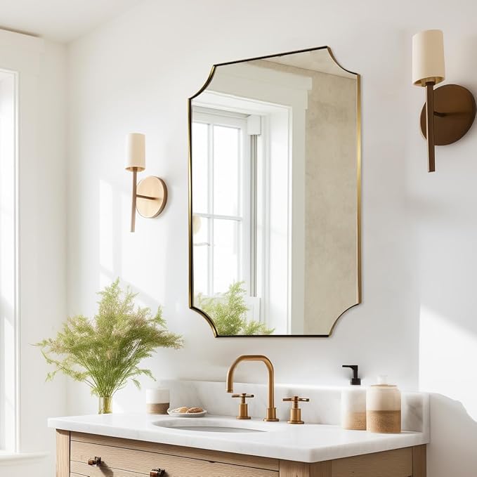ANDY STAR Brushed Gold Rectangle Mirror, 24x36 Inch Scalloped Bathroom Mirror - Image 6