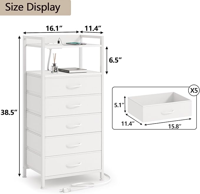 Furnulem White Nightstand with 5 Storage Drawer, Tall Dresser - Image 3