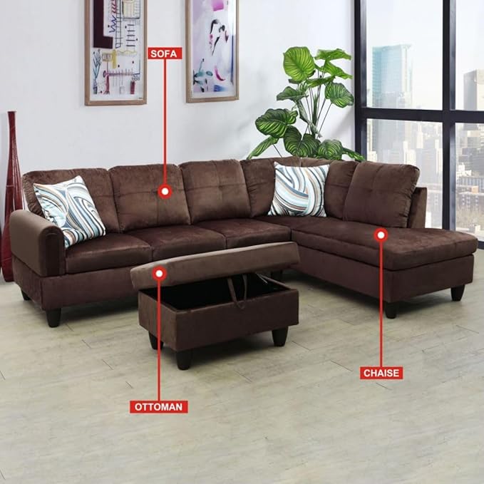Chocolate L-Shaped 3-Piece Flannel Sofa - Image 3