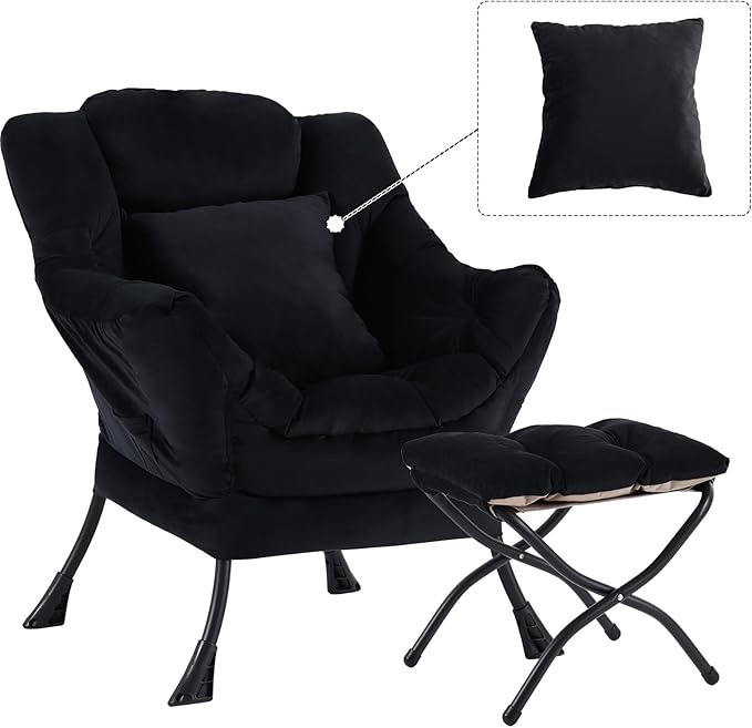 Lazy Chair with Ottoman, Comfy Reading Lounge Chair with Footstool & Throw - Image 3