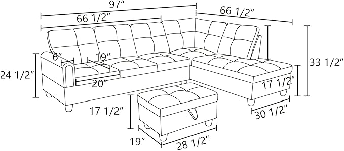 L Shaped Sectional Sofa with Ottoman, Modern Couches - Image 2