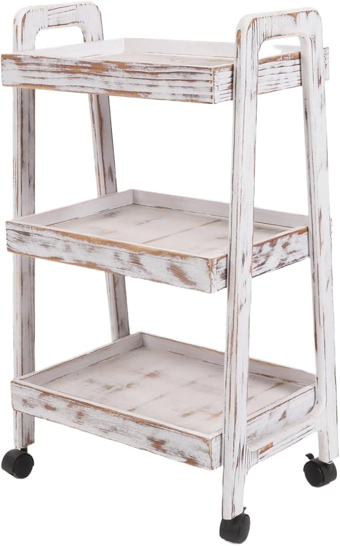 3-Tiers Ladder Shelf with Wheels, Wooden Rolling Cart, Solid Pine Wood Ladder - Image 6