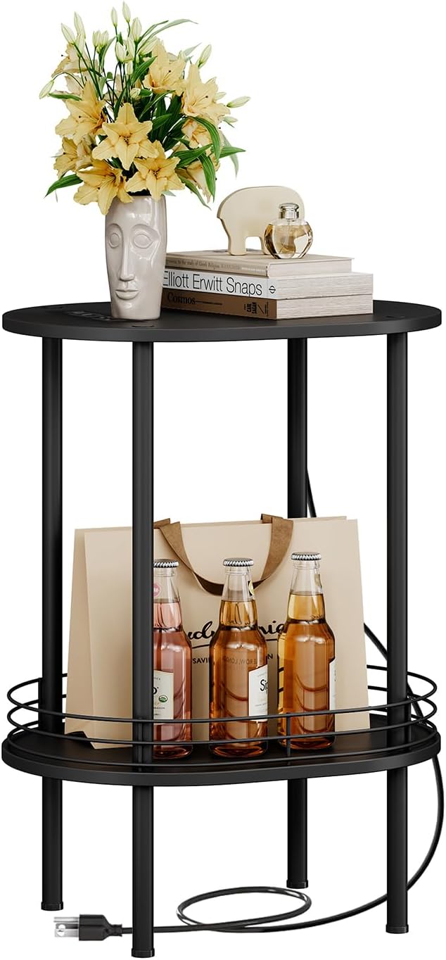 Small Round Side Table with Charging Station, Bedside Table with 2 USB Ports - Image 7
