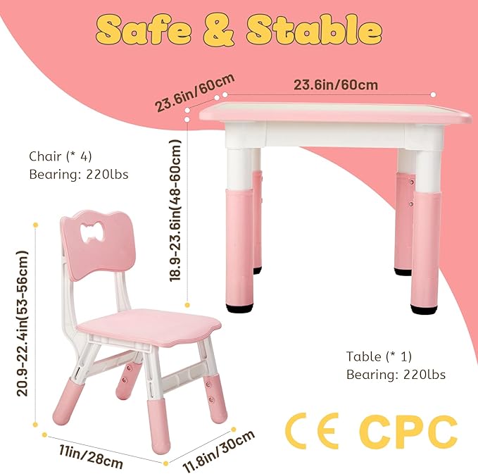 FUNLIO Kids Table and 4 Chairs Set, Height Adjustable Toddler Table and Chair - Image 6