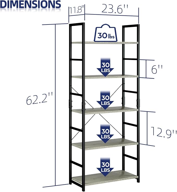 NUMENN 5 Tier Bookshelf, Tall Bookcase Shelf Storage Organizer, Modern Book - Image 3