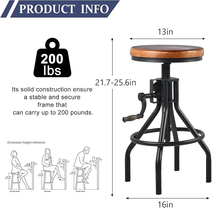Diwhy Industrial Farmhouse Counter Stool Wooden Seat Height Adjustable - Image 3