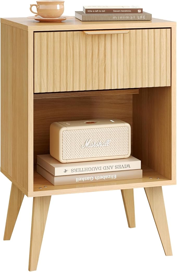 Fluted Night Stand with Opening Storage, Mid Century Bedside Table with Drawer by YAUKOMEL