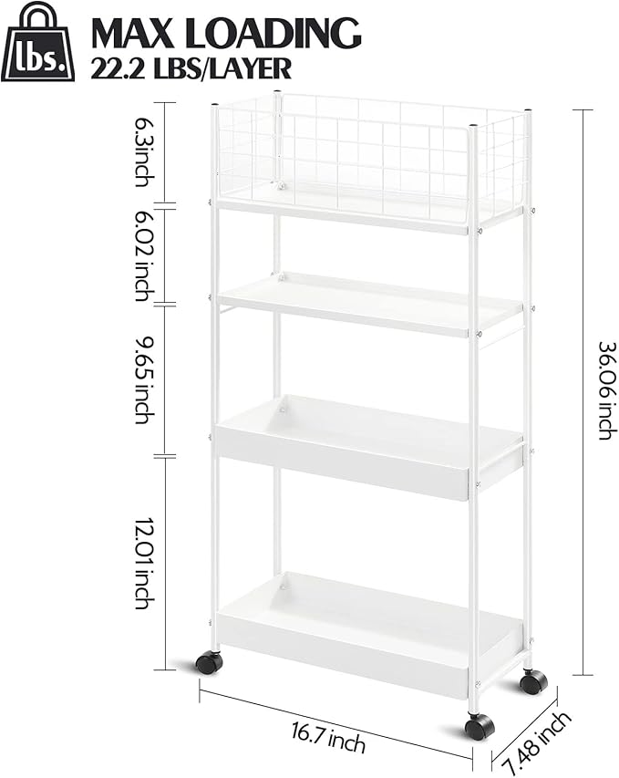 KINGRACK Slim Storage Cart, 4-Tier Metal Utility Rolling Cart - Image 2