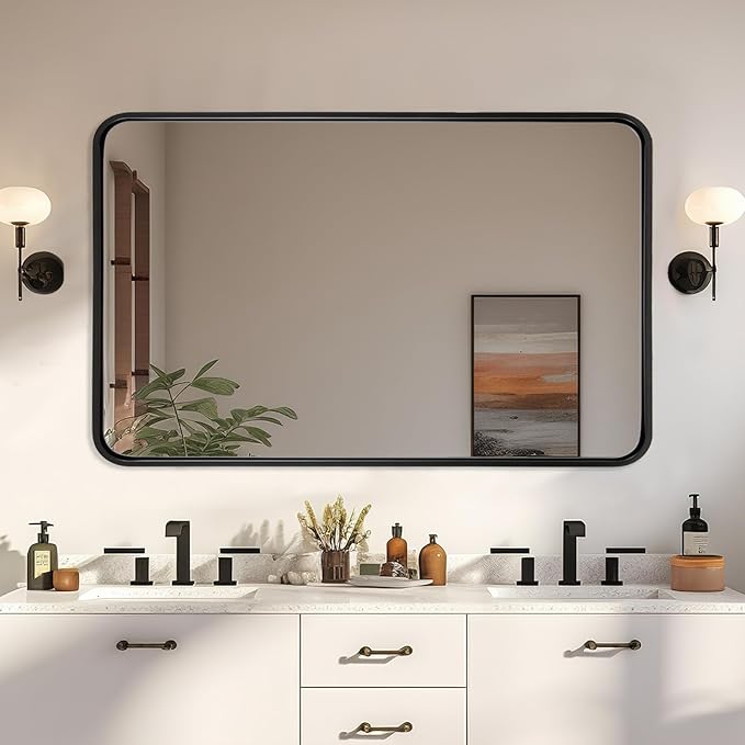 ANDY STAR 48X32 Inch Black Bathroom Mirror, Rounded Rectangle Mirror - Image 8