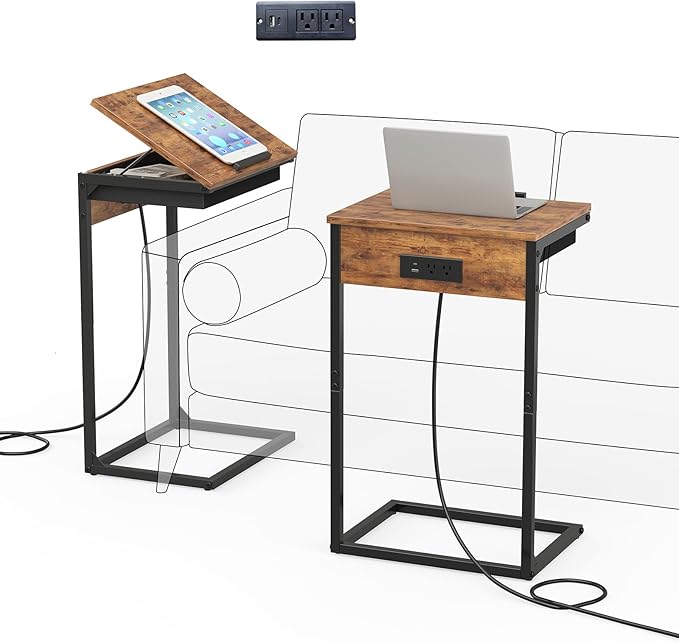C Shaped End Table with Charging Station, 45° Tiltable Adjustable Flip Top Side by Unknown