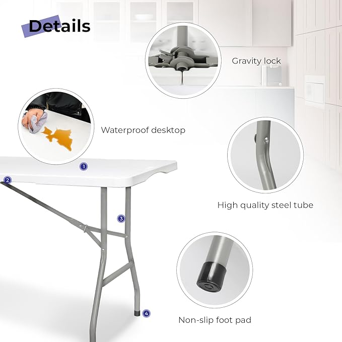 Folding Table 6ft Portable Heavy Duty Plastic Fold-in-Half Utility Foldable - Image 4