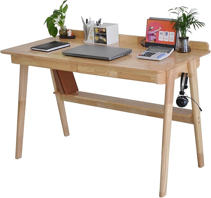 Oak Desk with Drawers, Solid Wood Desk with Bookshelf Small Computer Desk by BuyUp