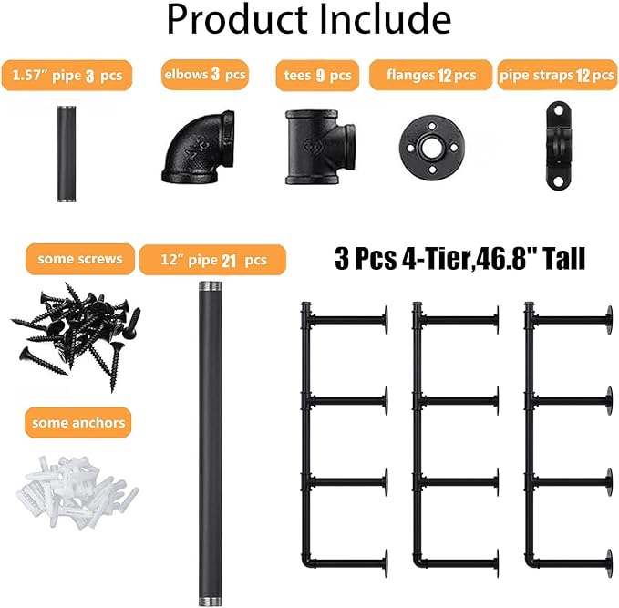 Industrial Pipe Shelf Brackets Wall Mount, Open Black Pipe Shelving - Image 7