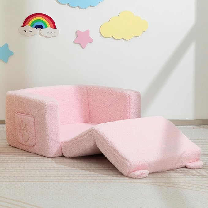 ALIMORDEN Fold Out Toddler Couch, Comfy 2-in-1 Cuddly Sherpa Bear Chair - Image 2