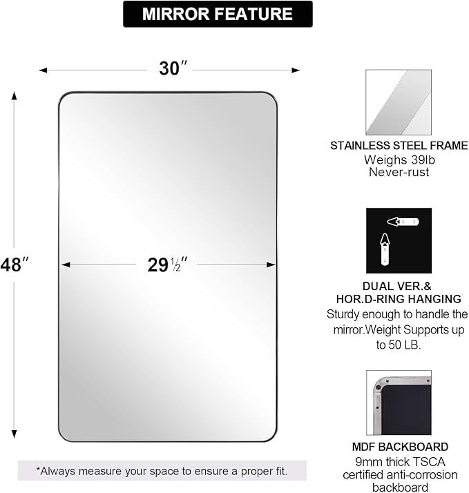 ANDY STAR 30"x48"Chrome Bathroom Mirror, Large Wall Mirror - Image 3