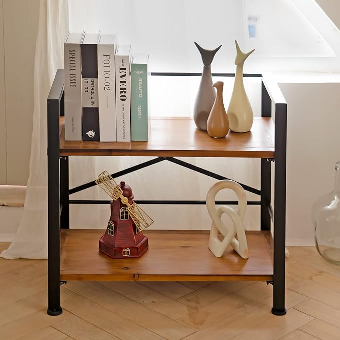 Crofy Rustic Bookshelf, 2 Tier Real Wood Bookshelf, Metal Book Shelf - Image 2