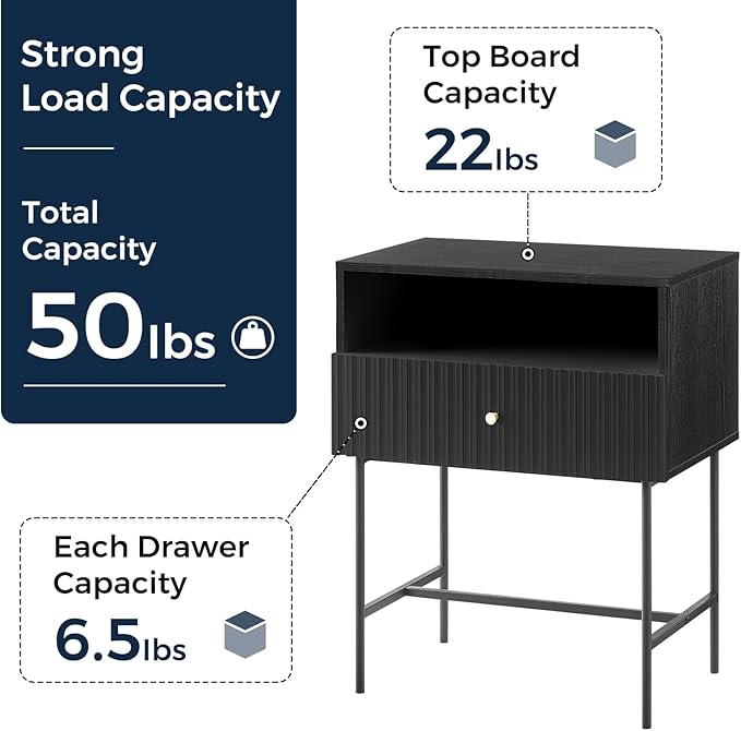 OCANDO Black Night Stand 19" Bedroom Bedside Table, Mid Century Modern Small - Image 4