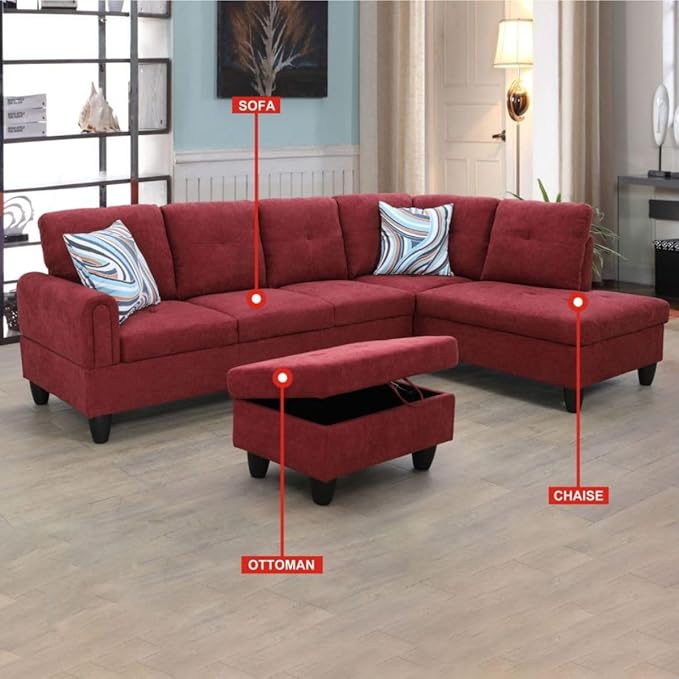 Red L-Shaped 3-Piece Flannel Sofa - Image 3