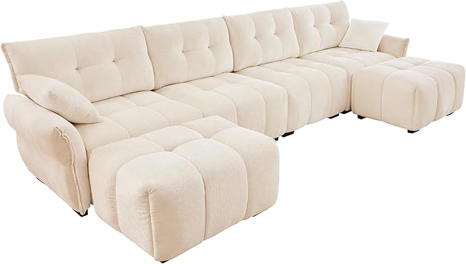 Modern Chenille Fabric 4-Seat Sofa w/Two Ottoman+2 Pillows, Premium Upholstery - Image 5