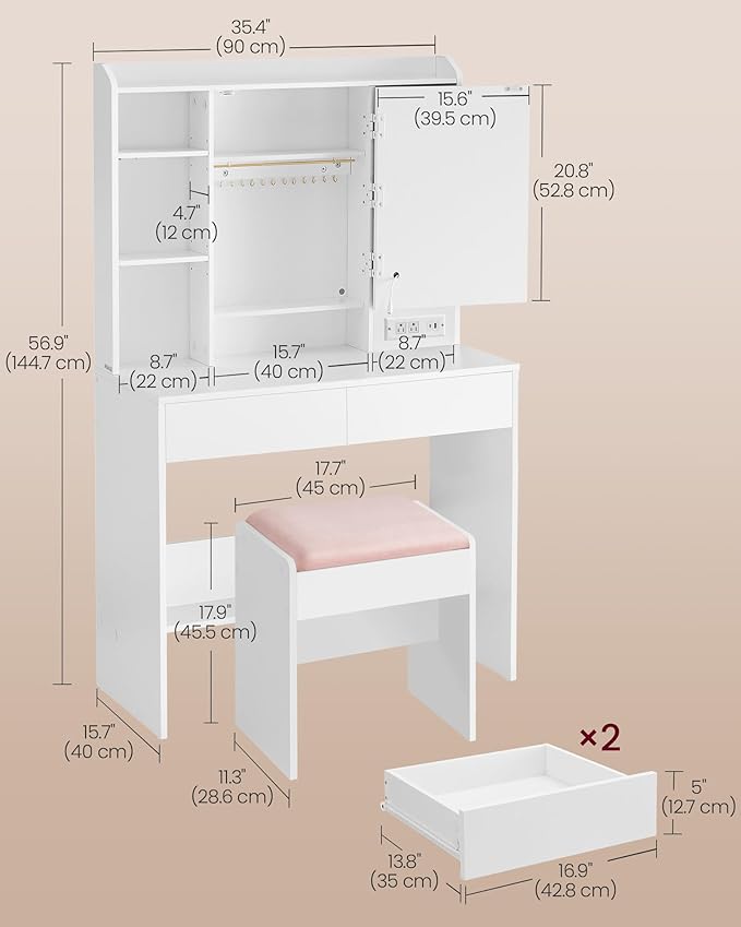 VASAGLE Vanity Desk with Power Outlets, Makeup Vanity with Mirror and Lights - Image 6