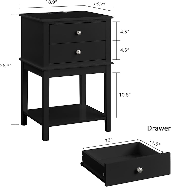 conifferism Black Nightstand, Large Sofa Side Table 2 Drawers, Modern Bedside - Image 3