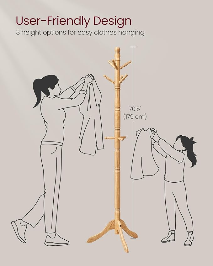 VASAGLE Solid Wood Coat Rack and Stand, Free Standing Hall Coat Tree - Image 5