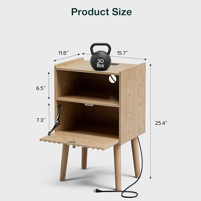 Side Table with Charging Station, Modern End Table with Fluted Drawer, Bedside - Image 3