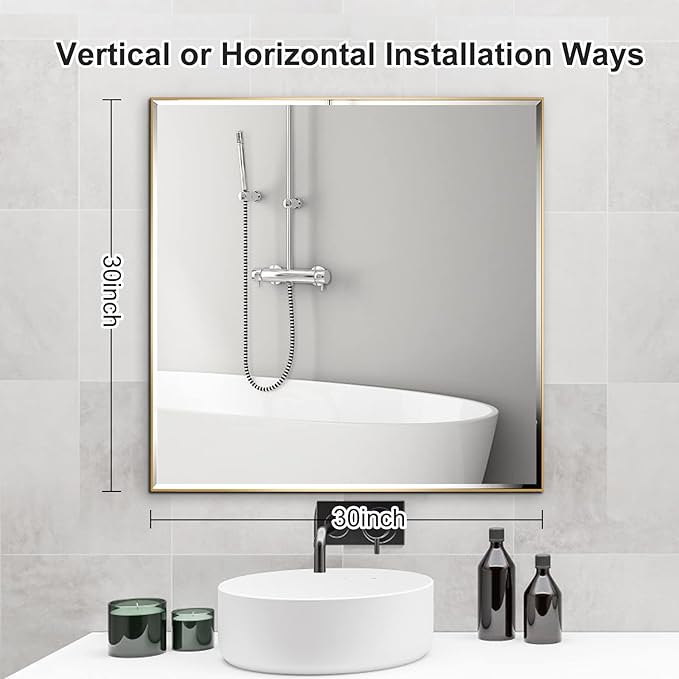 30x30 Inch Gold Mirror with Beveled Trim, Aluminum Frame Bathroom Vanity Mirror - Image 4