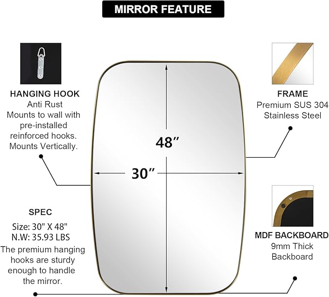 ANDY STAR Gold Mirror, 30x48’’ Brushed Gold Oval Mirror - Image 7