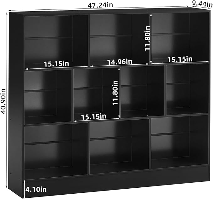 YAHARBO Black Wide Bookshelf, 3 Tier Modern Horizontal Bookcase, Wood Low - Image 2