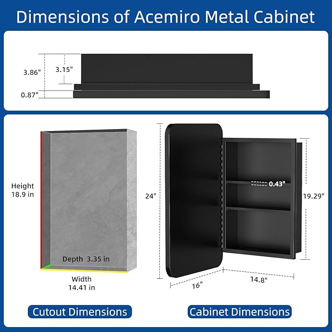 16x24 Inch Black Mirror Medicine Cabinet Metal Framed Recessed Wall Mounted - Image 2