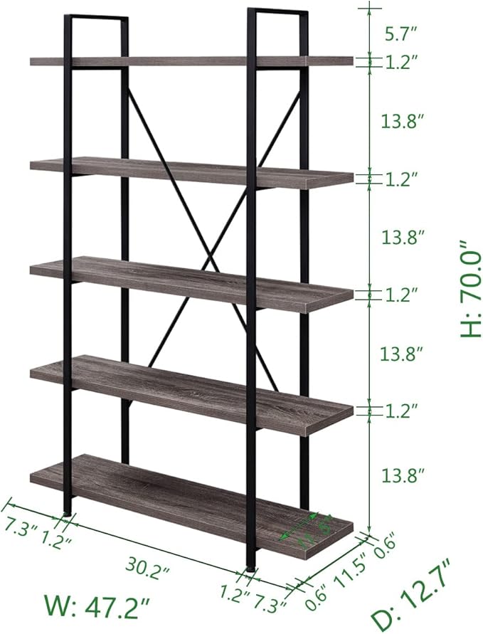 HSH 5-Shelf Vintage Industrial Rustic Bookshelf, 5 Tier Wood and Metal Bookcase - Image 2