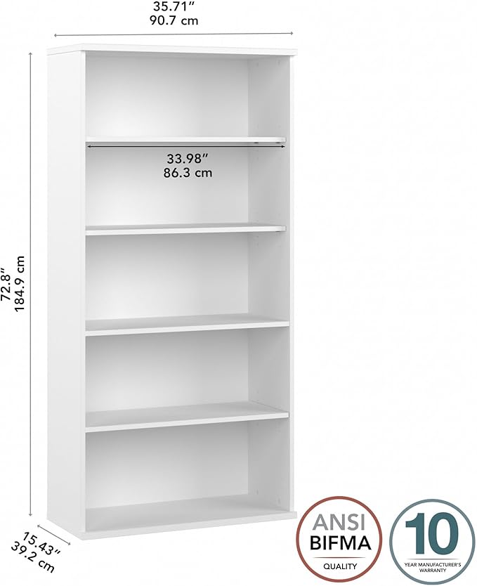 Bush Business Furniture Studio C Tall 5 Shelf Bookcase in White, Large Bookshelf - Image 3
