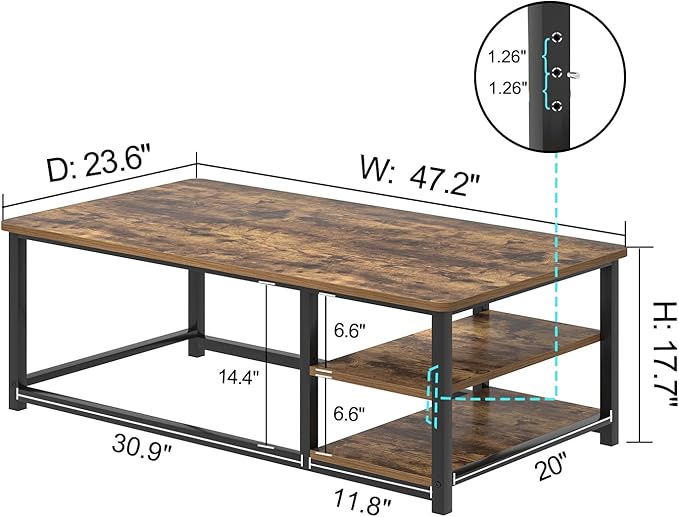 EXCEFUR Modern Coffee Table, Rustic Wood and Metal Living Room Table - Image 2