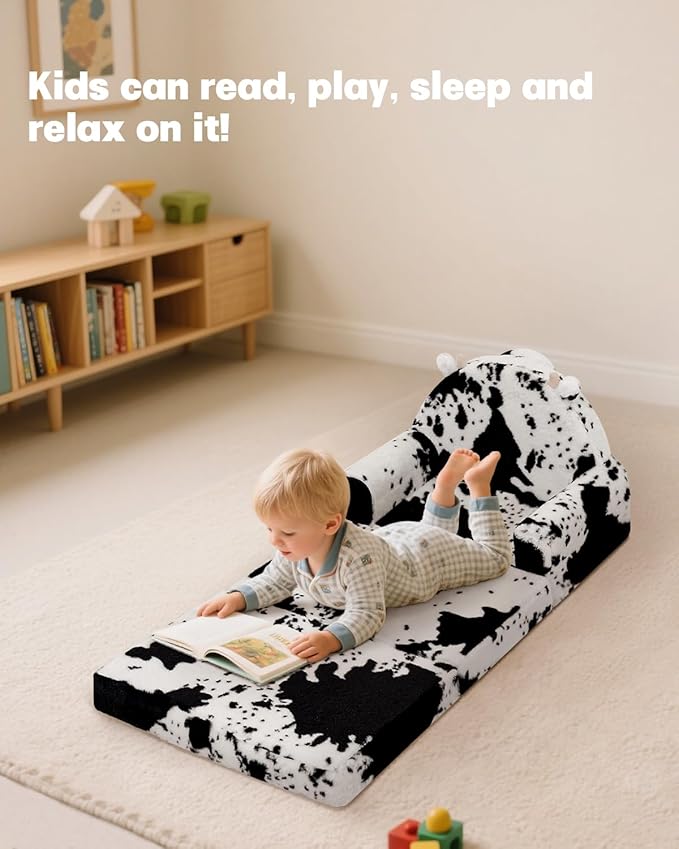 2-in-1 Toddler Chair and Couch – Soft Faux Rabbit Fur, Cow Pattern Design - Image 6