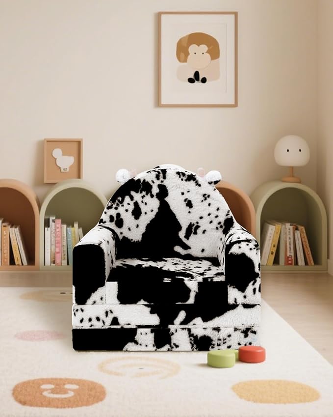 2-in-1 Toddler Chair and Couch – Soft Faux Rabbit Fur, Cow Pattern Design - Image 9