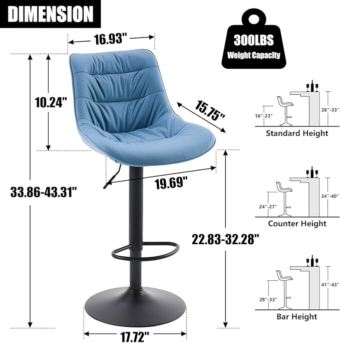 Kidol & Shellder Bar Stools Set of 2 Adjustable Swivel Blue, PU Leather - Image 2
