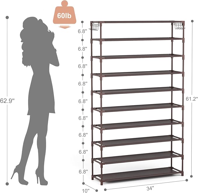 10 Tiers Shoe Rack 50 Pairs Large Capacity Tall Shoe Organizer Sturdy Shoe - Image 3