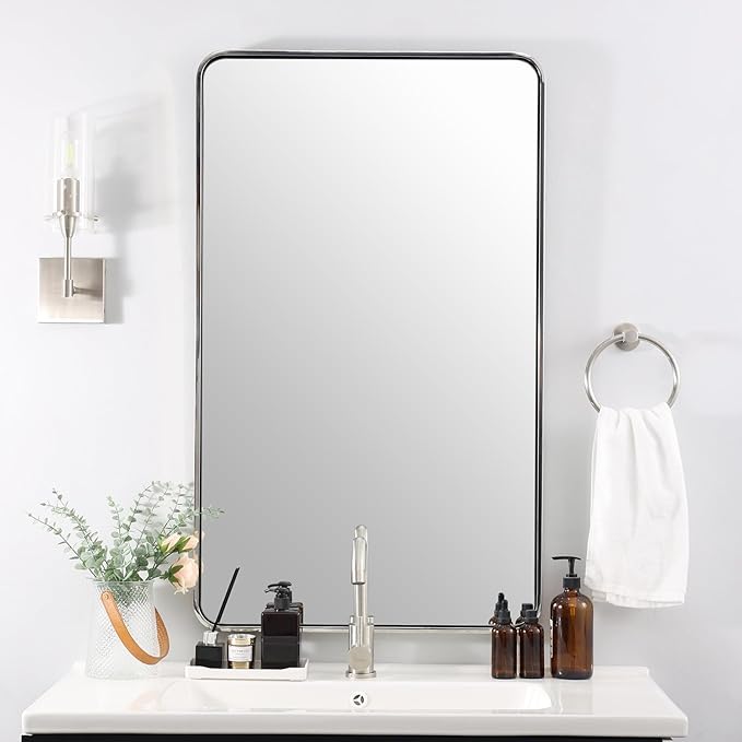 ANDY STAR Chrome Mirrors for Bathroom, 24x40’’ Chrome Rounded Rectangle Mirror by ANDYSTAR