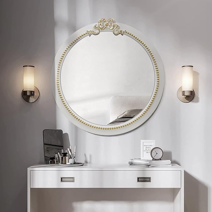 Vintage Round Wall Mirror 28inch Farmhouse Wooden Vanity Mirror - Image 3