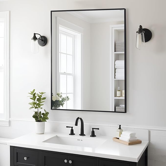 Bathroom Mirror 28x36 Inch, Rectangle Wall Mounted Mirror, Metal Framed Vanity by KIMREAL