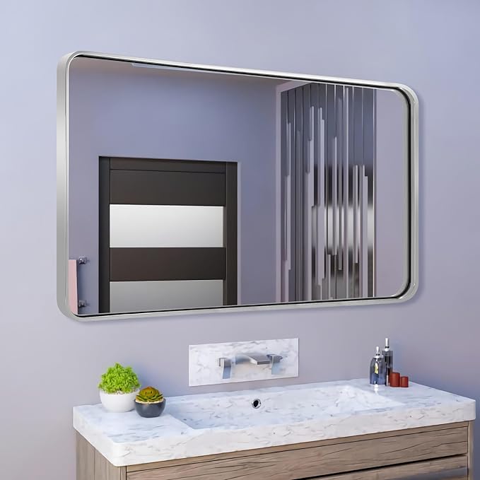 ANDY STAR 30x48 Inch Brushed Nickel Bathroom Mirror, Rounded Corner Brushed - Image 9