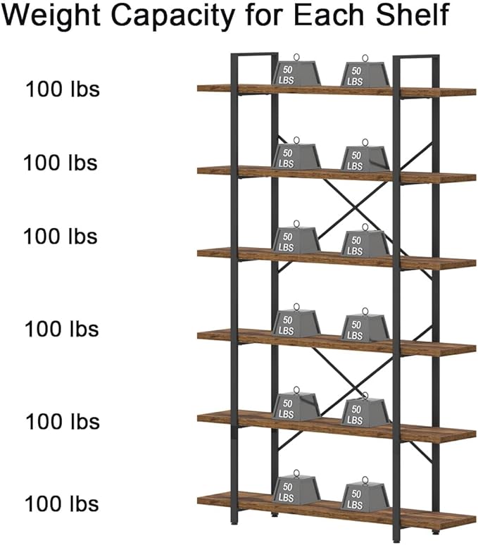 HSH 6 Shelf Tall Bookcase, Industrial Modern Large 6 Tier Bookshelf, Open Wood - Image 8