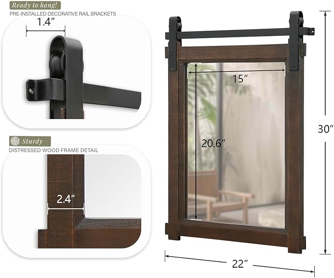 Farmhouse Barn Door Mirror: 22"x30" Black Rustic Wood Frame Mirror - Image 6