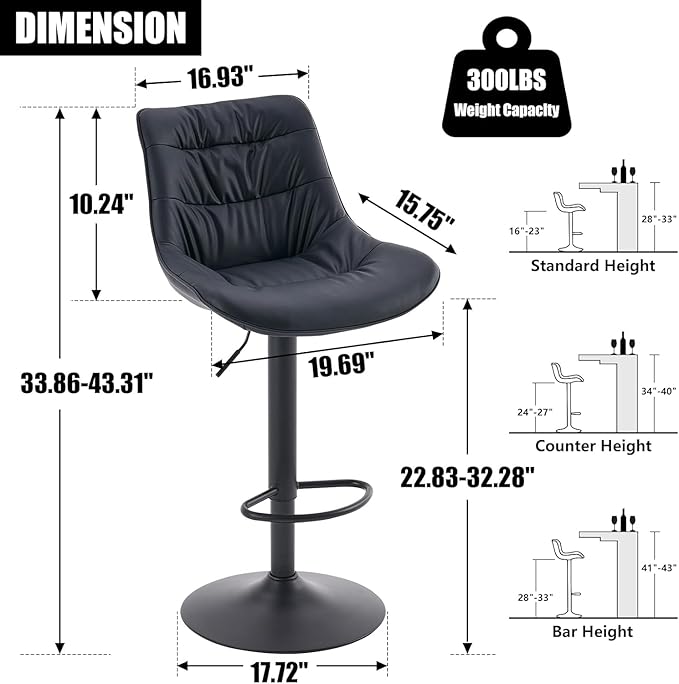 Kidol & Shellder Bar Stools Set of 2 Adjustable Swivel Black, PU Leather - Image 2