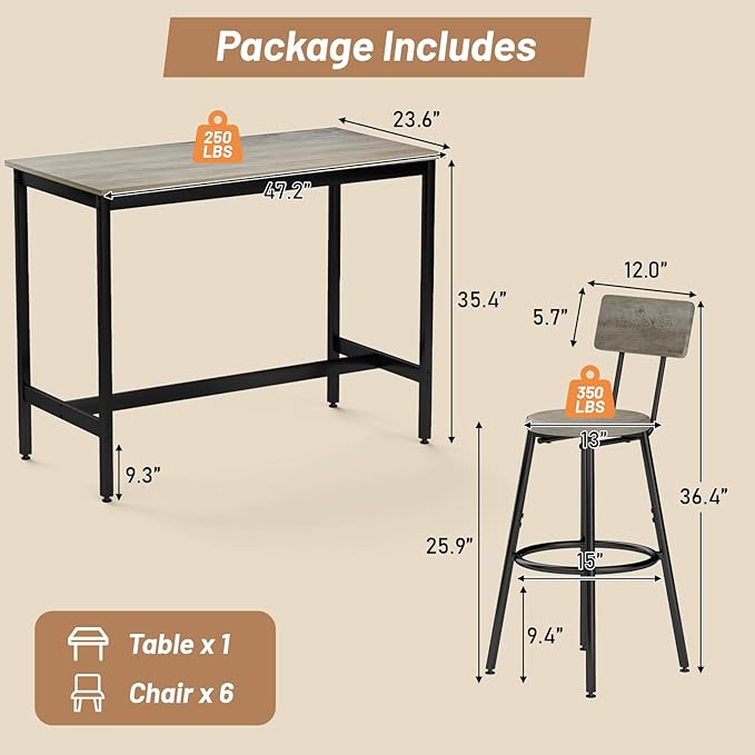 Dining Table Set for 6, 7-Piece Bar Table Set, Kitchen Table and Chairs - Image 2